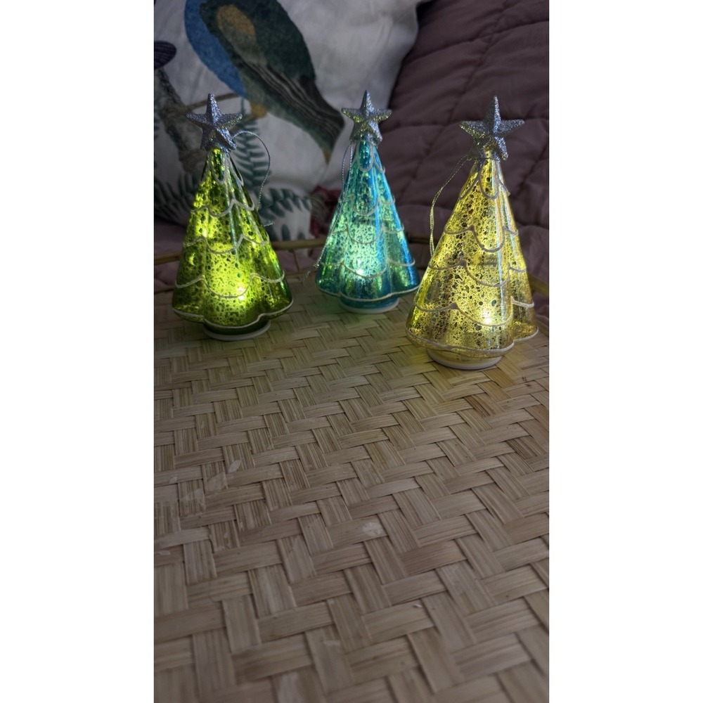 Set of 3 Mercury Glass LED Christmas Trees 6" Lighted Timer Green Gold Blue